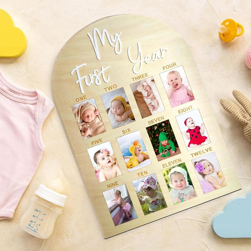 FLhdM My First Year Photo Frame Board, 1st Birthday Girl Boy Gifts, Newborn Newmom Gift, 1 Year Old Girls Gifts, One Year Birthday Party Decorations, Baby Shower Baptism Favors, 12 Months Milestone - Image 2